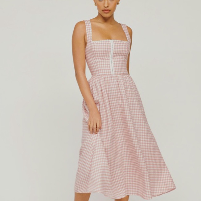 Reformation Pink Gingham Midi Dress